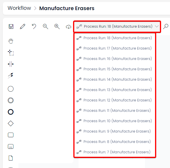 A screenshot that demonstrates the appearance and location of previous process runs when inside the Workflow experience. The Command Strip at the top of the Workflow page contains a dropdown menu. The screenshot is annotated with two red boxes to indicate the main button, and the options that appear. In this example, the button reads: &quot;Process Run: 18 (Manufacture Erasers)&quot;. The other items have the same label, but with a different ID number (i.e. 17, 16, 15, etc.). Each process run has an icon of two nodes connected by a sequence flow.